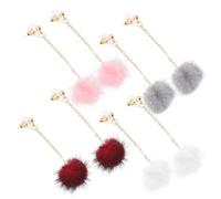 VILLCASE 4 Paires de Boucles d'Oreilles Pendantes à Pompons en Fourrure Synthétique Aiguilles en Argenté 925 Assortiment Couleurs Bijoux Légers pour Femmes et Filles Accessoires pour