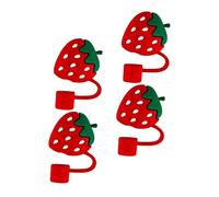 VILLCASE 4 pièces Lot de Embouts de Paille Silicone Réutilisables Bouchons Anti-poussière Étanches Forme de Fraise Protection Légère et Pratique pour Pailles Réutilisables pour Maison