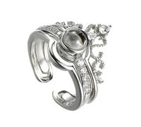 VILLCASE Bague de Couronne en Cuivre Projection « T'aime » en 100 Langues, Bague Ouverte Délicate en Zircon pour Couple Élégant