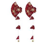 VILLCASE Barrettes Japonaises en Tissu Rouge Pompon, Forme Éventail et Pampilles Dorées, 1 Paire D’accessoires pour Cheveux Femmes et Filles, Épingles Coiffure Style Japonerie pour Fêtes