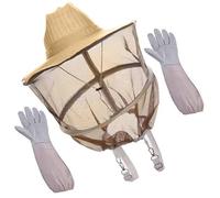 VILLCASE Chapeau d'Apiculteur en Coton et Paille Voile Aéré et Moufles Longs en Peau de Chèvre Résistants à L'Usure, Conçu pour Apiculture Professionnelle en Saison Chaude