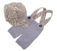 VILLCASE Ensemble Photo -Né Garçon Tricoté Barboteuse à Bretelles et Béret Style Journal Tenue Douce Confortable pour Séances Photos Bébé Costume Naissance Original pour Studio et Album