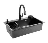 VILLCASE Évier de Cuisine Encastrable, Cuve Simple Noire sur Plan de Travail, 75 X 45 X 19 Cm, Kit de Drainage Et Distributeur de Inclus.