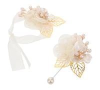 VILLCASE Lot de 2 Bracelets de Ornement de Mariage en Rose Artificielle Couleur Crème Ornement de Poignet et Boutonnière pour Mariée et Marié Accessoires Floraux Légers et Confortables