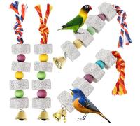 VILLCASE Lot de 4 Jouets à Mâcher pour Perroquet et Conure en Pierre Minérale avec Clochettes Colorées, Facile à Suspendre, Accessoires pour Cage d'oiseaux Attractifs