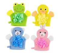 VILLCASE Lot de 4 Moufles de Bain Exfoliants pour Garçon et Filles Couleurs Assorties Jaune Canard Vert Grenouille Rose Lapin Bleu Petit Ours Tissu Doux Exfoliation Corporelle et