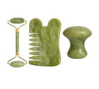 VILLCASE Peigne de Jade Vert Feng Masseur Champignon Lisse en Pierre Naturelle, Ensemble 2 Pièces pour Massage Facial et Corporel, Accessoire Multifonction pour Soin Peau Visage et Corps,