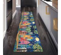 Ville Conte de Fées Tapis de Couloir Antidérapant 80 x 200 cm, Lune Ciel Étoilé Tapis de Passage Lavable Cuisine Devant Evier Salon Chambre à Coucher Descente de lit Interieur
