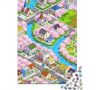 Ville Conte fées Carton Recyclé 1000 Pièces Bloc Cerisier Pixel Puzzle Bundle, Entraînement Cerveau, Cadeau Personnalisé Adultes & Bureau Loisirs 38x26cm/1000pcs