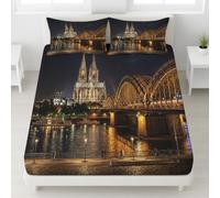 Ville Drap Housse 160 x 200 cm Bonnet 30 cm, Ensemble de Literie Architecture Église Pont, Draps de Lit pour Enfants Adultes, Housse de Matelas en Microfibre