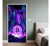 Ville du Futur Autocollant Porte 3D 95x215cm Bitcoin Stickers de Porte Science-Fiction Sticker Mural Auto-adhésif Papier Peint Intérieure PVC Amovibles Imperméable