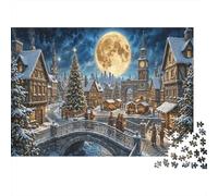 Ville enneigée de NoëlPuzzle Premium 1000 Pièces en Carton Épais Marché de Pleine Lune pour Grands-Parents Entraînement Cognitif Activité Intérieure 70x50cm/1000pcs