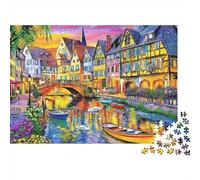 Ville Européenne Bord de Rivière Puzzle 1000 Pièces pour Adultes Papier Scène au Coucher du Soleil Puzzle en Famille Décoration 70x50cm/1000pcs