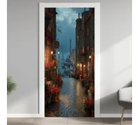 Ville Italie Effet 3D Sticker Porte, Ville Canal Papier Autocollant Porte Mural Décoration, Rosier Pot Stickers Muraux Amovible PVC 77x200 cm