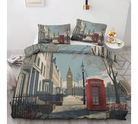 Ville Londres Housse de Couette 220x240 - Parure de Lit Motif Cabine Téléphonique Big Ben en Microfibre - Linge de Lit 2 Personnes Adulte avec Fermeture Éclair avec 2 Taies d'oreiller 65x65 cm