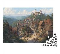 Ville médiévale nichée dans Une vallée luxuriante 70x50cm/1000pcs Puzzles Adaptés Aux Adultes Et Aux Personnes Âgées De 14 Ans Et Plus