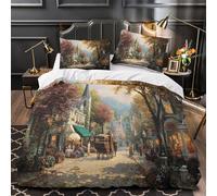 Ville rétro pittoresque, Petit hôtel, Clocher d'église Housse De Couette Microfibre - Parure Lit 3D Imprimé, Chambre À Coucher Décoration Comfort Housse Couette Taies D'oreiller Super King（260x220cm）