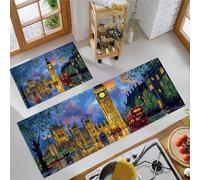 Ville Rétro Tapis de Cuisine pour Plancher 2PCS, Anti-dérapant Lavable Tapis Sol Cuisine Motif Big Ben Gratte-Ciel Bus À Impériale, pour Cuisine évier buanderie Salle de Bain, 40x60cm+40x120cm