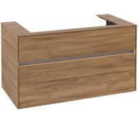 Villeroy & Boch Collaro Meuble sous-lavabo, lavabo au centre, montage mural, 2 tiroirs, avec éclairage, 1000x548x500mm, C020B0RH, Couleur: Façade/carcasse : Chêne du Kansas, poignée : Graphite