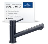 Villeroy & Boch Como Shower robinetterie de cuisine basse pression avec douchette extract. et plage pivot. de 120°, hteur du bec 120 mm, commande par poignée précise, pr éviers de cuisine, Anthracite
