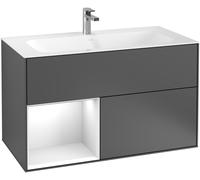 Villeroy & Boch Finion meuble sous lavabo, 2 tiroirs, avec éclairage, élément d'étagère en bas à gauche, 996x591x498mm, élément d'étagère doré mat laqué, G030HFHB, Couleur: pivoine