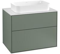 Villeroy & Boch Finion meuble sous lavabo, 2 tiroirs, avec éclairage, lavabo au centre, avec trou pour robinetterie, 800x603x501mm, Glass White Matt, G22100GM, Couleur: Laque mate Olive
