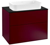 Villeroy & Boch Finion meuble sous lavabo, 2 tiroirs, avec éclairage, lavabo au centre, avec trou pour robinetterie, 800x603x501mm, Glass Black Matt, G22200HB, Couleur: pivoine