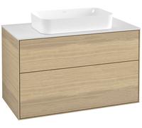 Villeroy & Boch Finion meuble sous lavabo, 2 tiroirs, avec éclairage, lavabo au centre, sans trou pour robinet, 1000x603x501mm, Glass White Matt, G64100PC, Couleur: Placage en chêne