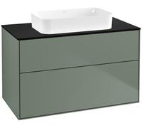Villeroy & Boch Finion meuble sous lavabo, 2 tiroirs, avec éclairage, lavabo au centre, sans trou pour robinet, 1000x603x501mm, Glass Black Matt, G64200GM, Couleur: Laque mate Olive