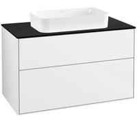Villeroy & Boch Finion meuble sous lavabo, 2 tiroirs, avec éclairage, lavabo au centre, sans trou pour robinet, 1000x603x501mm, Glass Black Matt, G64200GF, Couleur: Blanc laqué brillant