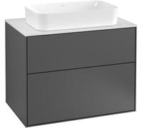 Villeroy & Boch Finion meuble sous lavabo, 2 tiroirs, avec éclairage, lavabo au centre, sans trou pour robinetterie, 800x603x501mm, Glass Black Matt, G63200PH, Couleur: Laque noire brillante