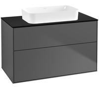 Villeroy & Boch Finion meuble sous lavabo, 2 tiroirs, avec éclairage, lavabo au centre, sans trou pour robinet, 1000x603x501mm, Glass Black Matt, G64200GK, Couleur: Anthracite mat