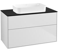 Villeroy & Boch Finion meuble sous lavabo, 2 tiroirs, avec éclairage, lavabo au centre, sans trou pour robinet, 1000x603x501mm, Glass Black Matt, G64200MT, Couleur: Blanc Laqué Mat