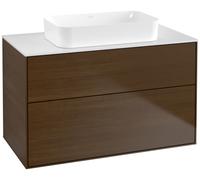 Villeroy & Boch Finion meuble sous lavabo, 2 tiroirs, avec éclairage, lavabo au centre, sans trou pour robinet, 1000x603x501mm, Glass White Matt, G64100GN, Couleur: Placage noyer