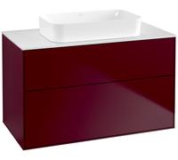 Villeroy & Boch Finion meuble sous lavabo, 2 tiroirs, avec éclairage, lavabo au centre, sans trou pour robinet, 1000x603x501mm, Glass White Matt, G64100HB, Couleur: pivoine