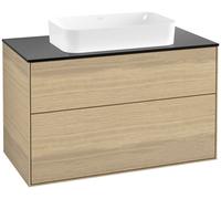 Villeroy & Boch Finion meuble sous lavabo, 2 tiroirs, avec éclairage, lavabo au centre, sans trou pour robinet, 1000x603x501mm, Glass Black Matt, G64200PC, Couleur: Placage en chêne