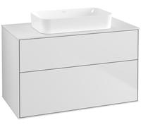 Villeroy & Boch Finion meuble sous lavabo, 2 tiroirs, avec éclairage, lavabo au centre, sans trou pour robinet, 1000x603x501mm, Glass White Matt, G64100MT, Couleur: Blanc Laqué Mat