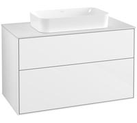Villeroy & Boch Finion meuble sous lavabo, 2 tiroirs, avec éclairage, lavabo au centre, sans trou pour robinet, 1000x603x501mm, Glass White Matt, G64100GF, Couleur: Blanc laqué brillant