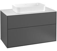Villeroy & Boch Finion meuble sous lavabo, 2 tiroirs, avec éclairage, vasque au centre, avec trou pour robinetterie, 1000x603x501mm, Glass Black Matt, G23200PD, Couleur: Laque noire mate