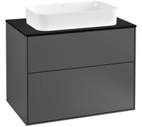 Villeroy & Boch Finion meuble sous lavabo, 2 tiroirs, lavabo au centre, avec trou pour robinetterie, 800x603x501mm, Glass Black Matt, F22200GK, Couleur: Anthracite mat