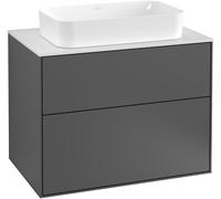 Villeroy & Boch Finion meuble sous lavabo, 2 tiroirs, lavabo au centre, avec trou pour robinetterie, 800x603x501mm, Glass White Matt, F22100HB, Couleur: pivoine