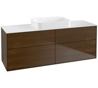 Villeroy & Boch Finion meuble sous lavabo, 4 tiroirs, avec éclairage, lavabo au centre, sans trou pour robinet, 1600x603x501mm, Glass White Matt, G73100GN, Couleur: Placage noyer