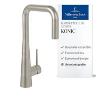 Villeroy & Boch Konic robinetterie de cuisine avec douchette extractible et pivotante à 360°, haute pression, hauteur du bec 143 mm, commande par poignée précise, acier inoxydable