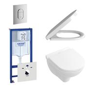 Villeroy & Boch O.novo Compact Pack WC avec réservoir encastrable, WC suspendu à fond creux et abattant frein de chute et déclipsable, plaque de commande verticale chrome 0729205/0729240/0124162/01241