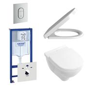 Villeroy & Boch O.Novo Pack WC - abattant à fermeture douce et à démontage rapide - plaque de déclenchement verticale chrome mat - blanc 0729205/0729241/0124182/1024992/