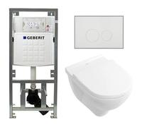 Villeroy & Boch O.novo set de toilettes avec réservoir de chasse encastré Geberit avec cuvette suspendue à évacuation profonde blanche, abattant softclose et plaque de commande à boutons ronds blanche