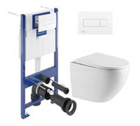 Villeroy & Boch Pack WC Bâti-support + WC sans bride Swiss Aqua Technologies + Plaque de déclenchement double, Blanche (ViConnectFus