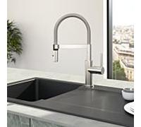 Robinet de cuisine compact Villeroy & Boch Steel Expert 927300LC, en acier inoxydable massif, pivotant, bec extractible, 2 jets