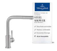 Villeroy & Boch Steel Shower robinetterie de cuisine basse pression avec douchette extractible et bec pivotant à 360°, ColdStart économe en énergie, hauteur 270 mm, Acier inoxydable