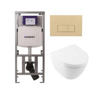 Villeroy & Boch Subway 2.0 compact DirectFlush Pack WC suspendu - bâti-support Geberit - abattant softclose et quickrelease - plaque de commande beige - boutons rectangulaires - blanc 0701131/1024232/